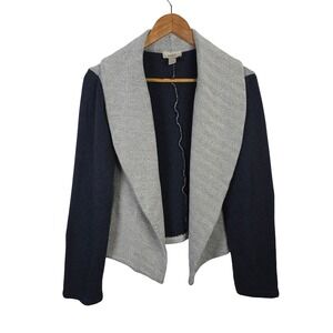 LOFT Womens Large Navy Blue Gray Herringbone Shawl Collar Open Front Cardigan